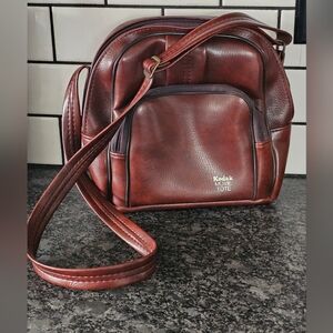Vtg Kodak Movie Tote Brown Faux Leather Zip‎ Pockets Travel Carry Case Bag